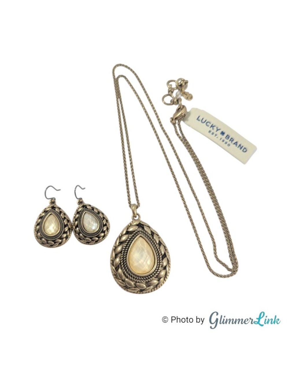 Lucky Brand Teardrop Pendant Necklace Earrings Set Gold Tone Jewelry Set